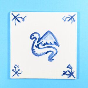 Handmade Winged Serpent tile, hand painted Delft Blue fantasy home decor trivet